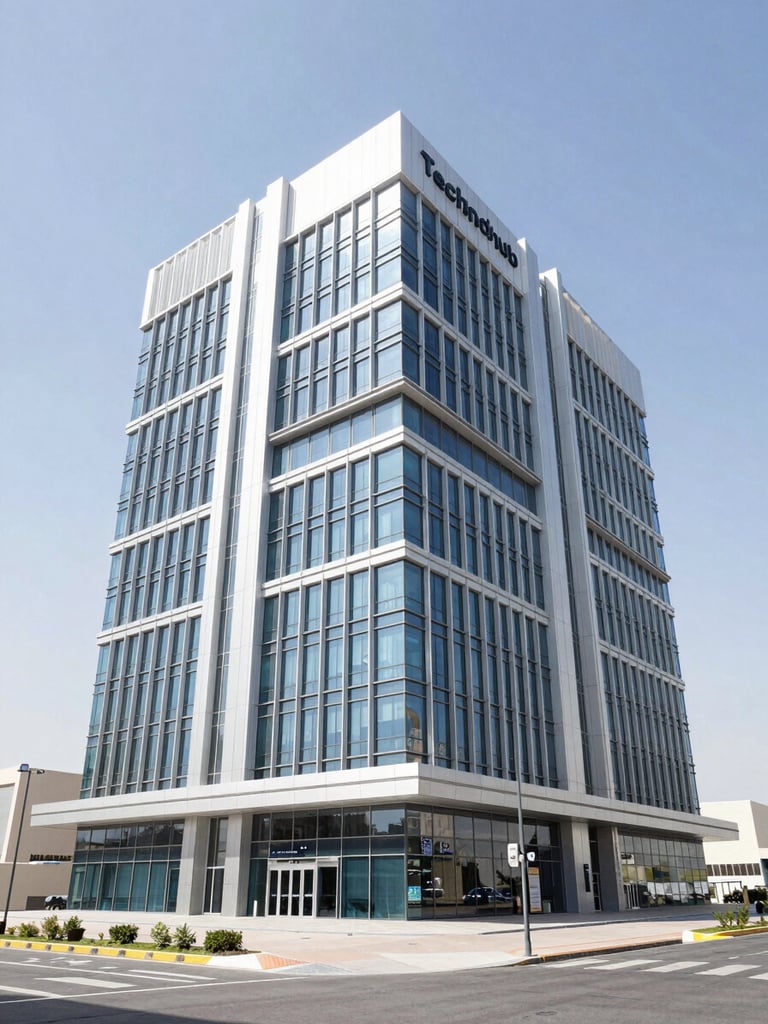 Exterior of the Technohub building in Dubai Silicon Oasis, bright daylight, clean modern commercial architecture, wide shot.