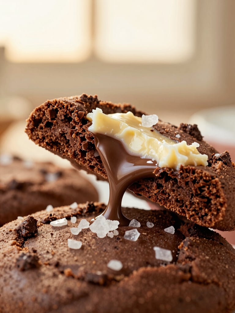 Macro shot of a warm chocolate cookie being gently pulled apart, showing molten chocolate stretching and flaky sea salt, warm directional golden hour window light, rich chocolate and cream tones, shallow depth of field