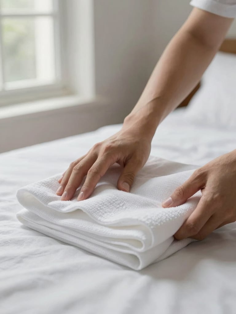 Close-up of a cleaner's hands smoothing freshly folded white linen on a bed, bright north-facing window light from the left, clean bedroom corner visible in the background, naturalistic tones