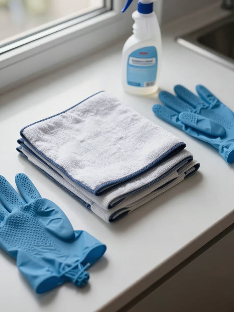 Close-up overhead shot of cleaning supplies — folded microfibre cloths, a spray bottle, and gloves arranged neatly on a white countertop under bright natural window light