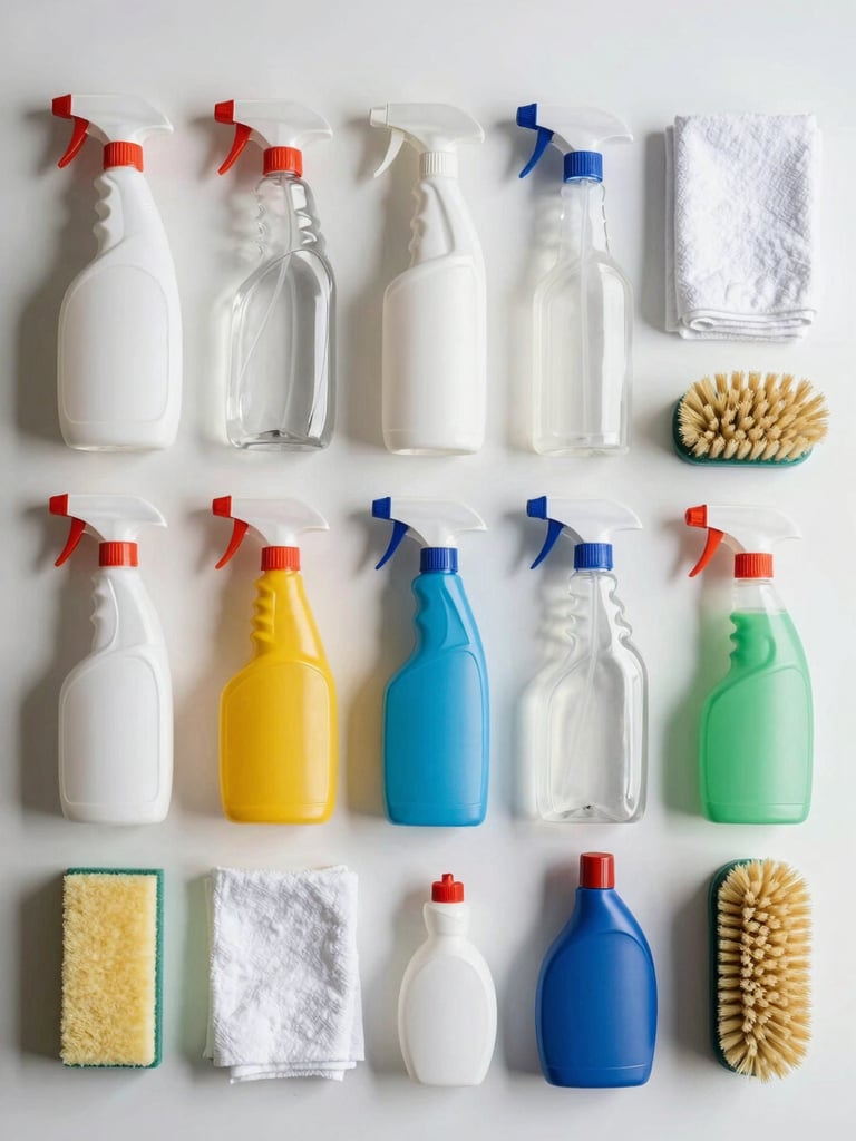 Overhead flat-lay of cleaning supplies arranged in an organised grid on a white surface — spray bottles, folded cloths, brushes — under bright diffused daylight, no people, task-focused and orderly