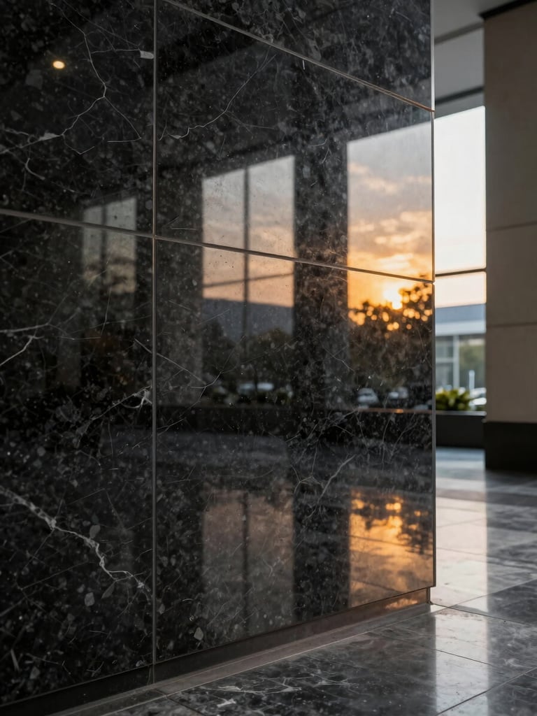 Close-up portrait framing of a polished black granite floor panel in a corporate lobby, raking golden-hour light revealing deep crystal grain and mirror-like surface reflection, wide architectural column edge visible at far right, no people