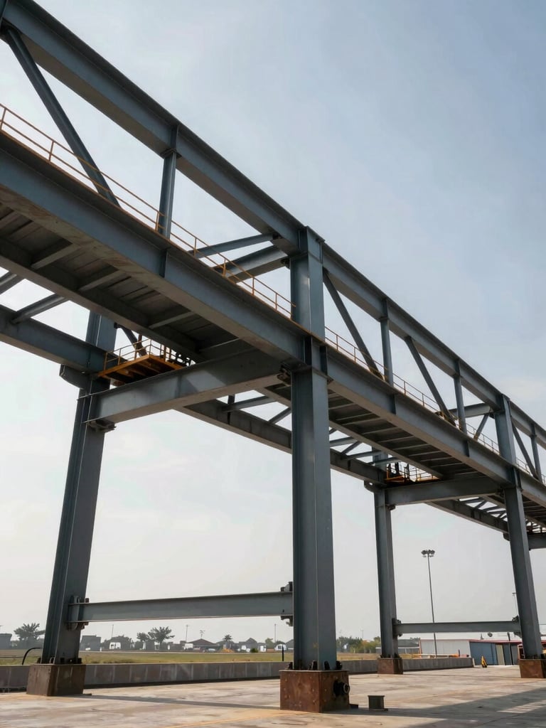 Wide-angle technical view of a heavy steel structure installation under bright equatorial DRC daylight, clean industrial lines, high contrast.