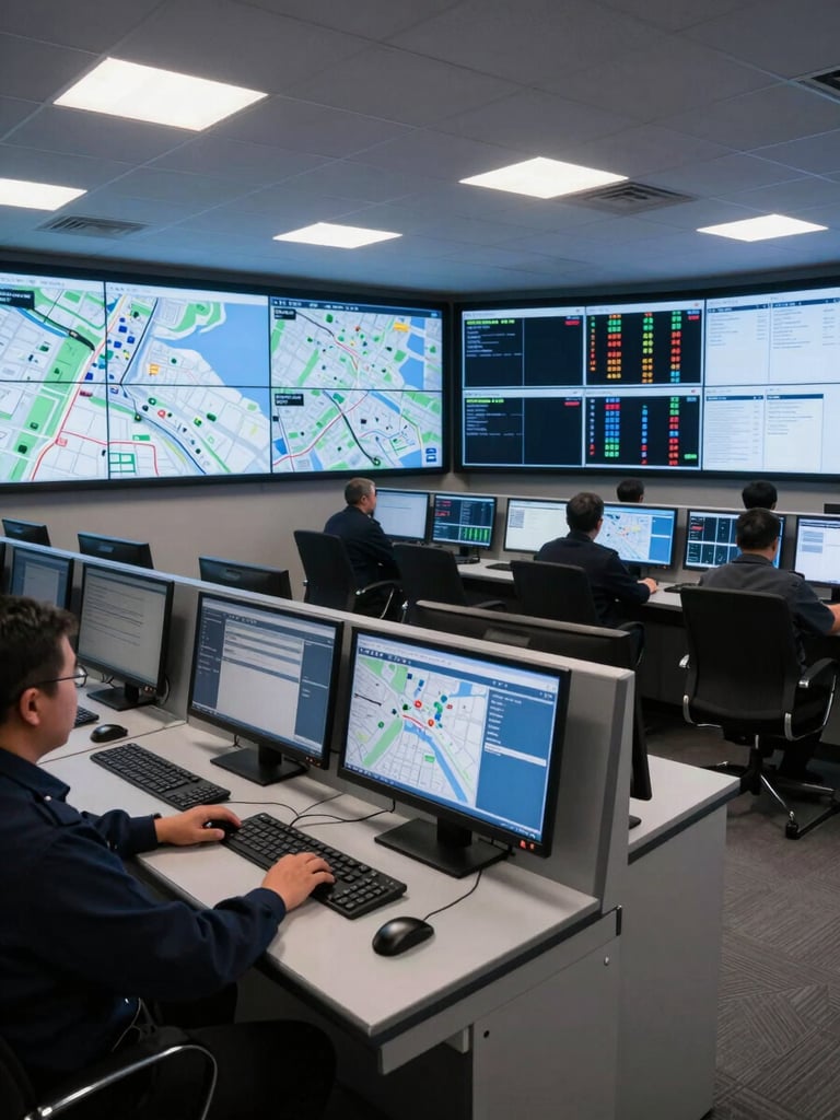 Panoramic wide shot of a security operations centre at night, overhead tungsten lighting illuminating a large dispatch console with multiple screens showing live map overlays and resource status indicators, hands resting on a control surface, empty chairs at adjacent stations, cool blue ambient light from monitors, no faces visible, environmental documentary framing