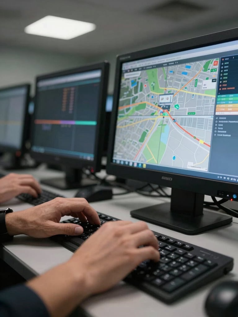 Close-up of hands operating a dispatch coordination terminal, multiple screens showing real-time coverage maps and status indicators, cool overhead tungsten light casting precise shadows on the keyboard, no faces in frame, tight documentary framing