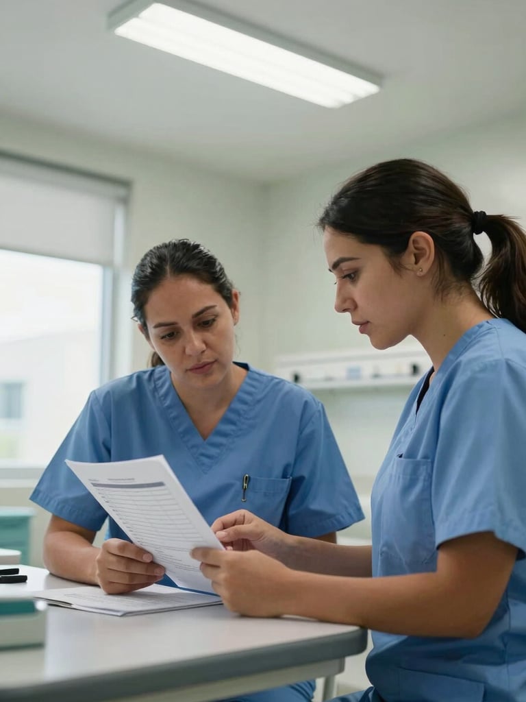 Medium shot from slightly above, clinical coordination room in a Colombian hospital, two professionals reviewing a structured staffing document on a table under bright overhead fluorescent lighting, high-clarity daylight from a side window, no smiles for camera — focused on task