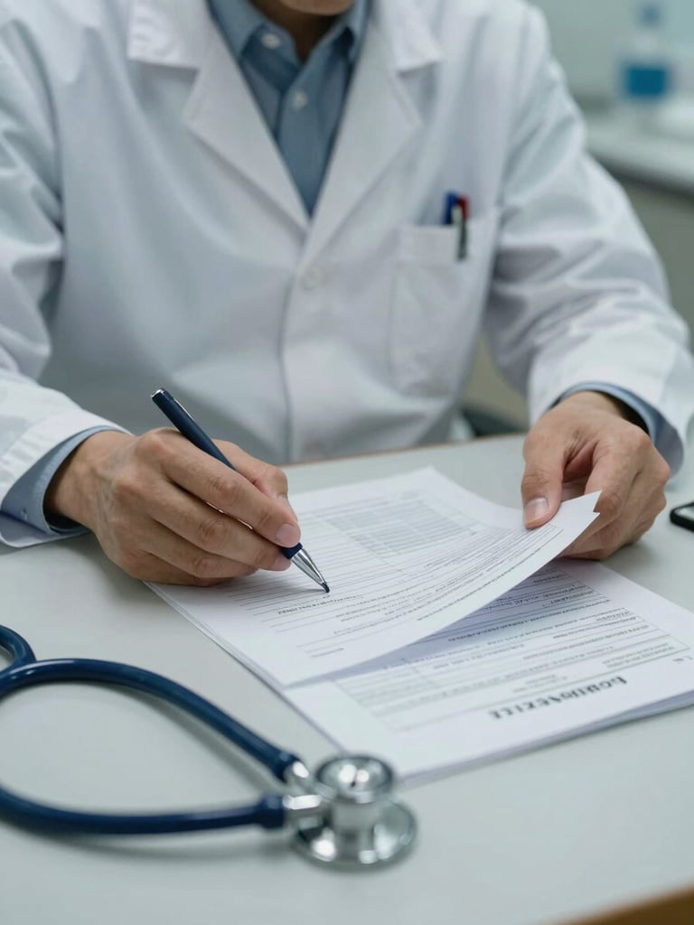 Close medium shot of a clinical evaluator reviewing credentials and documents at a hospital desk under controlled fluorescent lighting, a stethoscope and printed protocol sheets visible on the surface, hands centered in frame, focus on the verification process