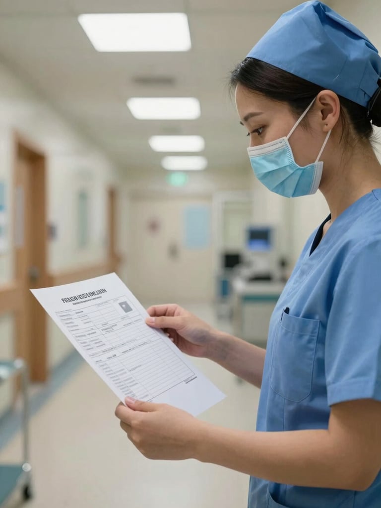 Wide medium shot of a surgical nurse reviewing a printed credential document at a clinical coordination desk, controlled overhead lighting, hospital corridor visible in the background left, sharp focus on document and professional hands
