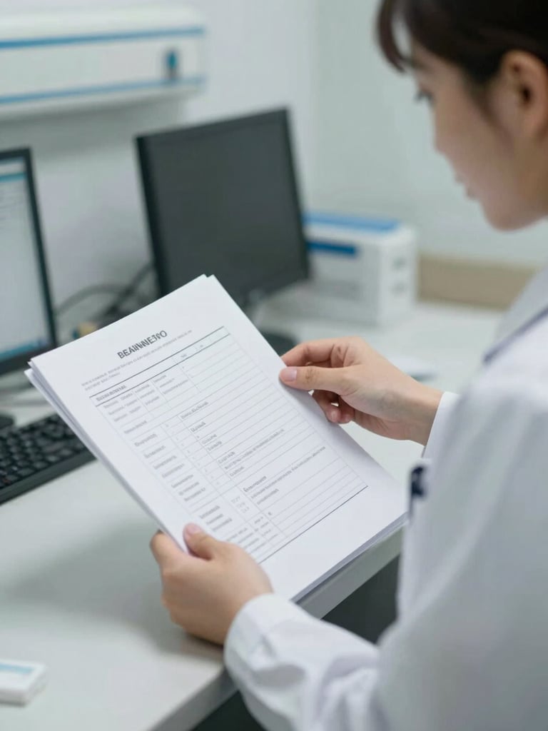 Medium shot of a clinical coordinator at a hospital workstation reviewing printed credential documents under controlled daylight, hands visible turning pages, crisp focus on paperwork and professional attire, clean institutional background, high-clarity lighting with no moody softness