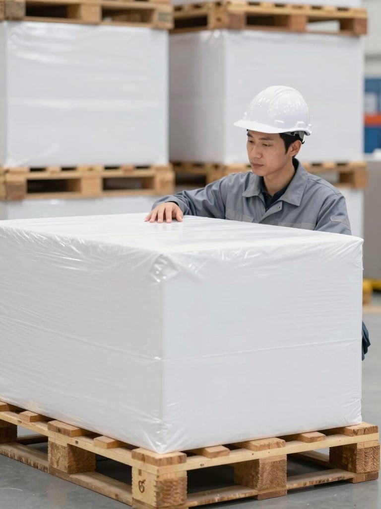 Close-up of a professional inspector examining goods on a pallet in a clean, brightly lit warehouse, other neatly stacked boxes in the background, sharp focus.
