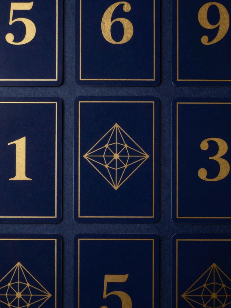 Overhead flat lay of minimalist tarot cards and golden geometric numbers on a deep midnight blue surface, soft mystical glow, high-contrast