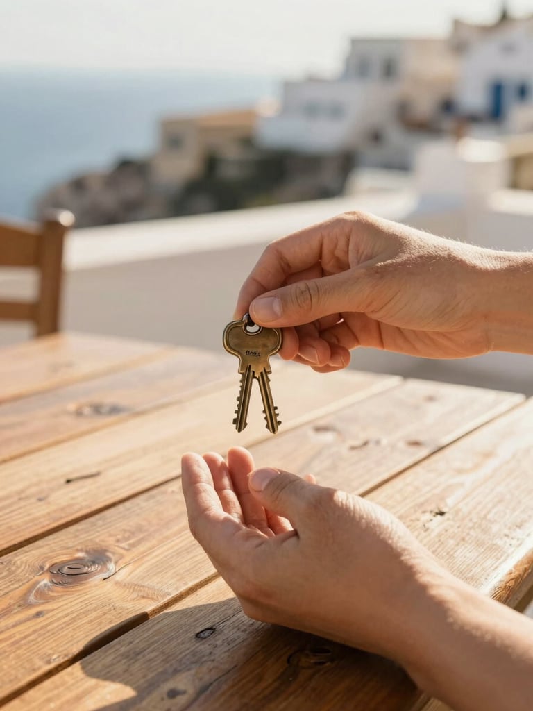 Close-up of hands handing over bronze keys on a rustic wooden table, bright warm sunlight, inviting Mediterranean atmosphere, 35mm lens