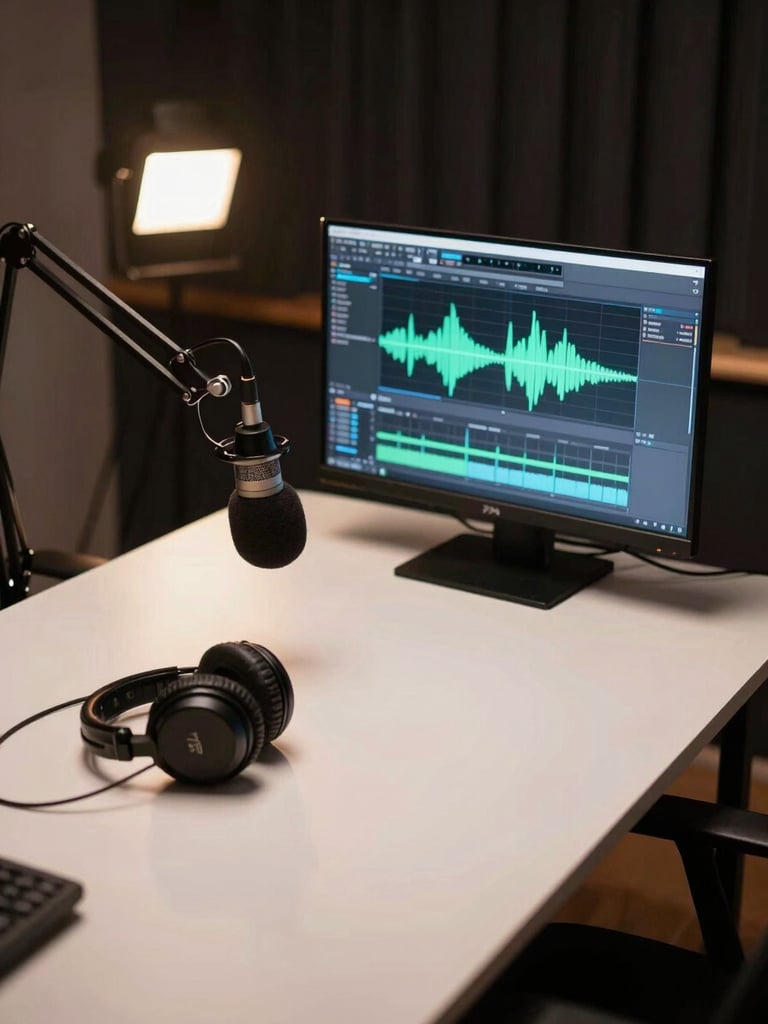 Wide shot of a podcast recording desk from slightly above — microphone arm in foreground, monitor glowing with a waveform editor, headphones resting on the surface, dim practical lamp casting warm light on the setup, dark background, cables visible, no person present