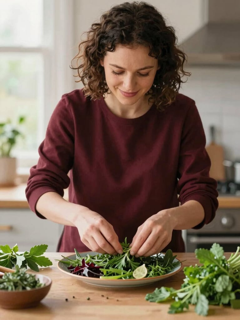 A portrait of a food stylist arranging fresh herbs on a plate, warm natural light, soft focus, scandinavian kitchen background.