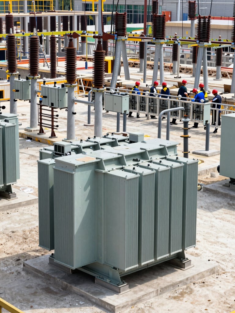 Wide environmental shot inside a large electrical substation under construction, heavy transformer units on concrete pads in the foreground, steel buswork and disconnect switches mid-frame, workers in rust-red helmets inspecting cable trays in the background, daylight flooding through open structural bays