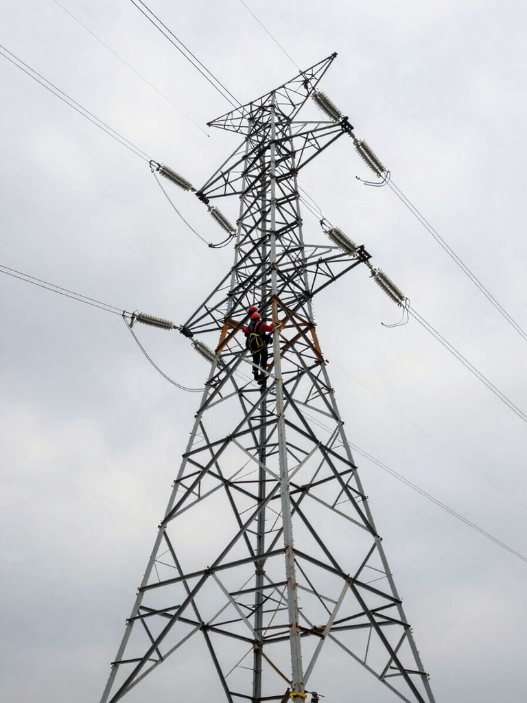 Wide environmental shot from ground level looking up at transmission tower steel lattice, a lineman in rust-red safety harness and hard hat ascending the structure, overcast industrial sky, muted daylight, steel cables converging toward the frame edge, documentary field photography with no studio lighting