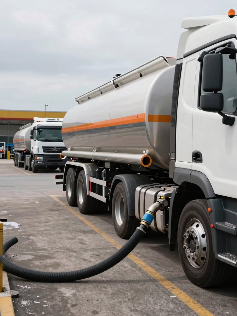 Environmental wide shot of a fuel tanker truck mid-transfer at a depot loading bay, driver-side hose connection visible in foreground detail, overcast daylight, industrial yard extending behind the vehicle with secondary tankers parked in line, no people visible — operational proof, not promotional