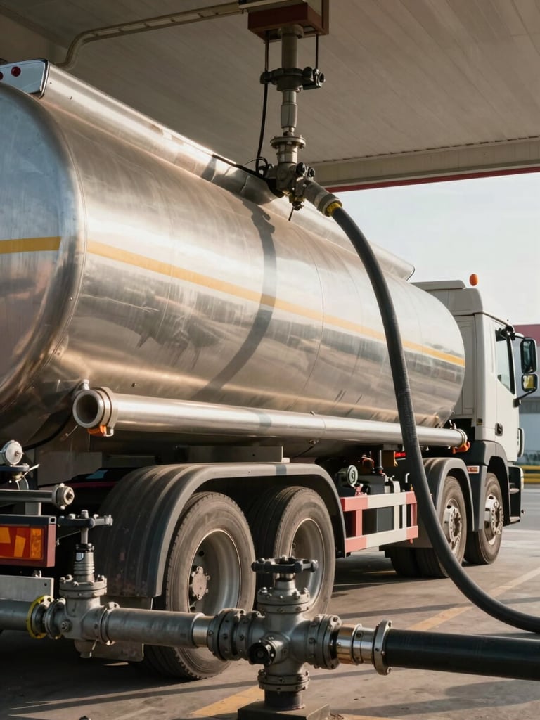 Close-up environmental shot of a fuel tanker truck mid-loading sequence at a depot, overhead hose and valve infrastructure in sharp foreground detail, hard afternoon daylight casting clean shadows across the steel tank body, wide enough to show the truck cab and the hose connection point, no people, emphasis on mechanical precision and operational scale