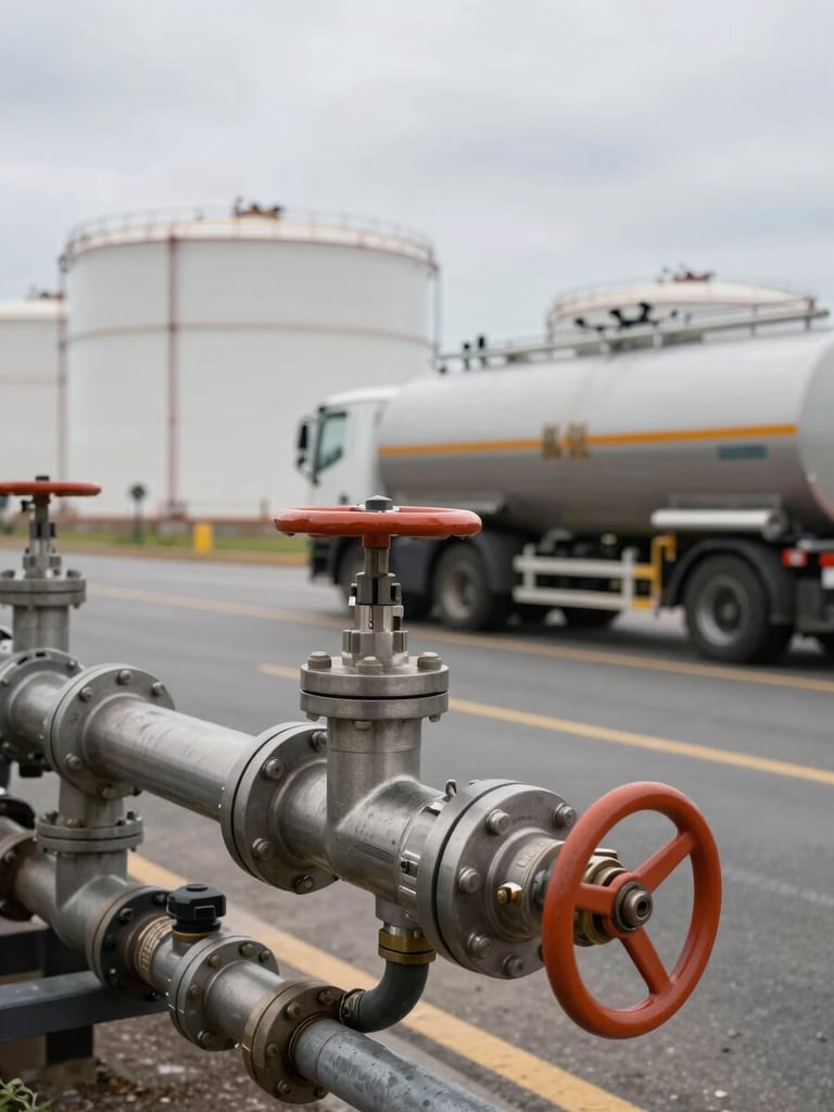 Close environmental shot of a fuel loading arm connecting to a road tanker at a storage depot — thick steel hose couplings and safety-orange valve handles in sharp foreground focus, secondary tanker and cylindrical storage tanks blurred in background, hard overcast daylight casting even industrial light across all metal surfaces