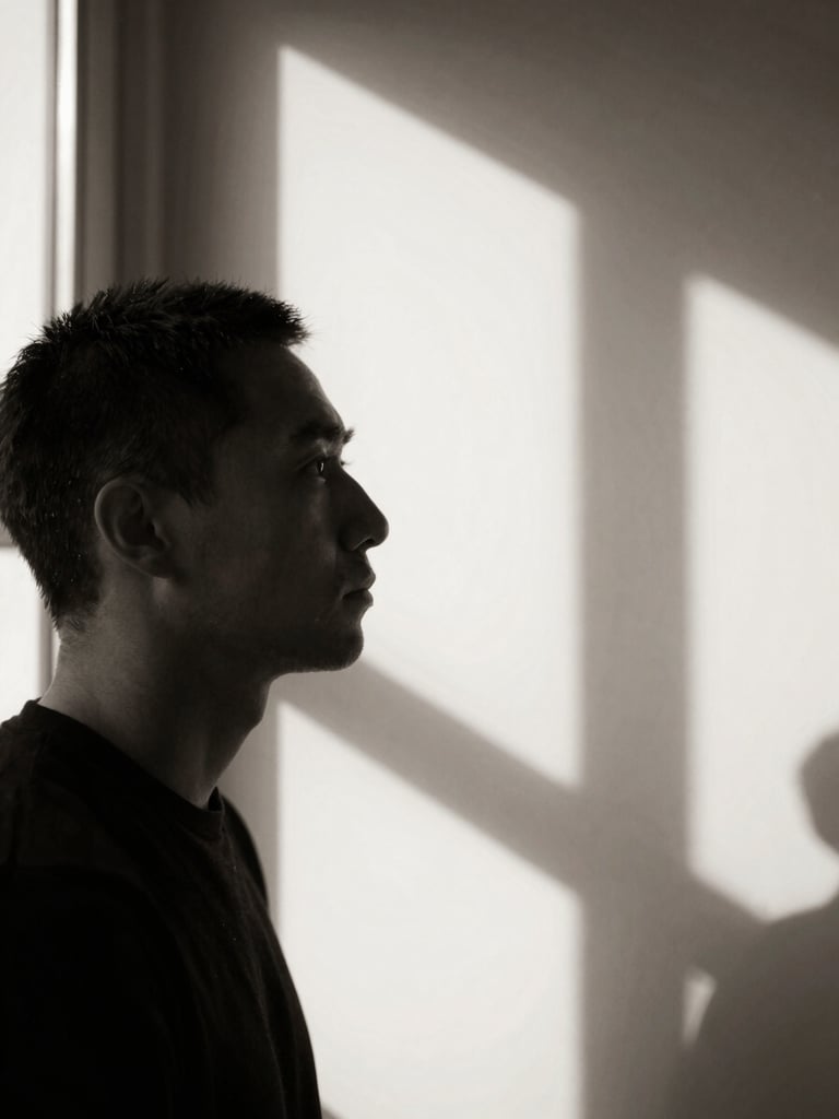 Introspective portrait of a thoughtful writer, profile view, looking away, dramatic natural window lighting with deep shadows on a cream wall background, high contrast sepia-toned black and white photography