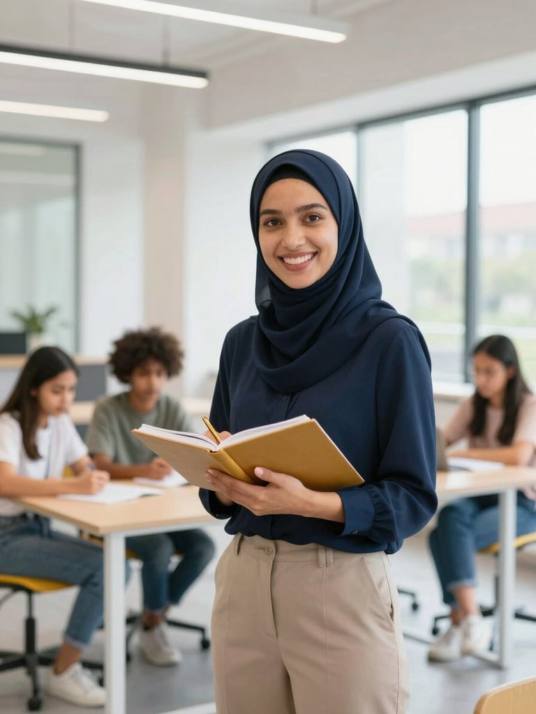 Bright modern office interior, a professional Muslim educator smiling warmly, holding a notebook, speaking with engaged youth in the background, natural daylight, professional attire.