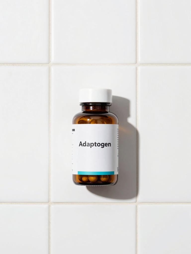 Overhead laboratory flat lay of a single amber glass bottle of adaptogen capsules on a stark white clinical stone tile, sharp defined shadows, 50mm lens