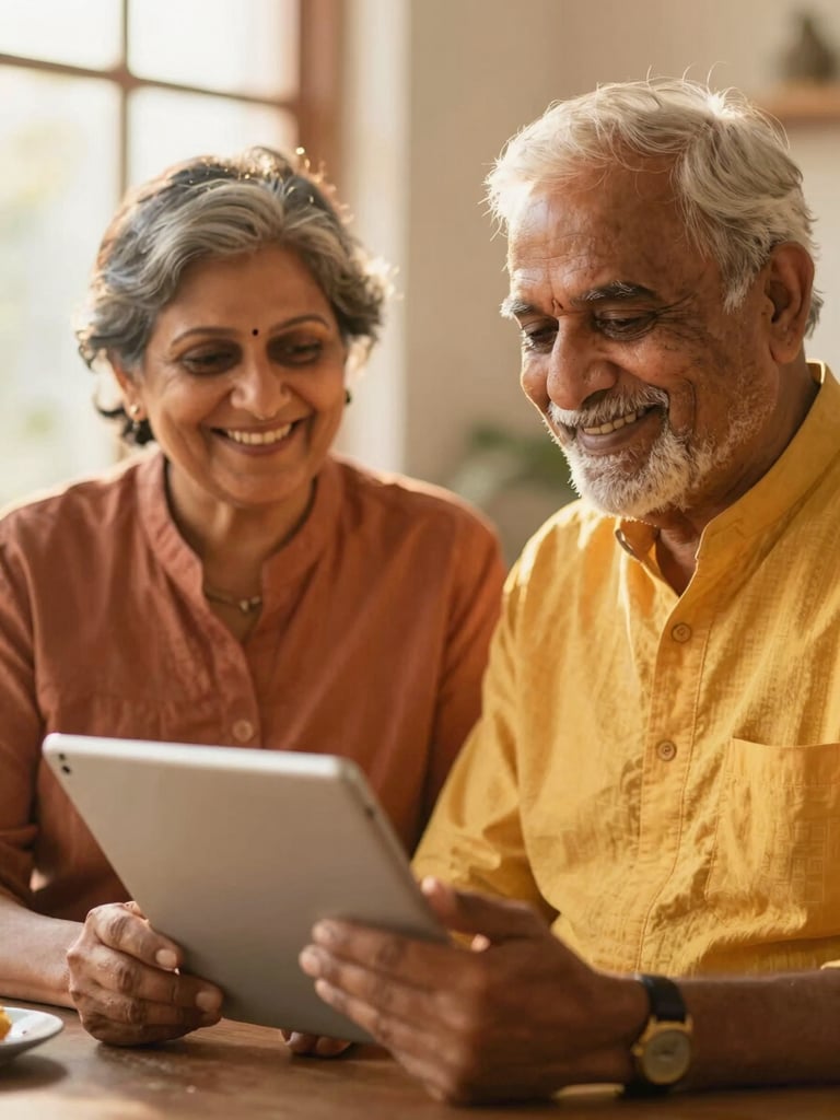 Warm medium close-up of two smiling Indian founders in a bright, sunlit room, holding a tablet, looking friendly and compassionate, soft golden lighting.
