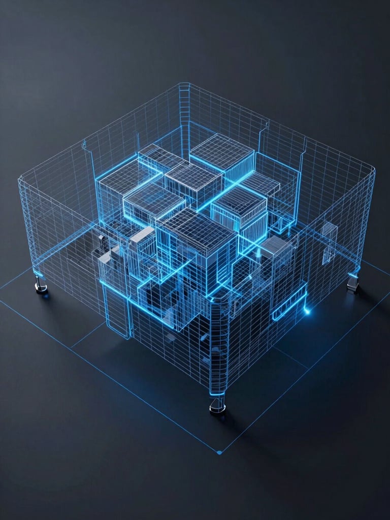 Orthographic flat-lay view of a complex 3D wireframe mesh, cool blue laser lines on deep charcoal background, sharp shadows, technical blueprint aesthetic.