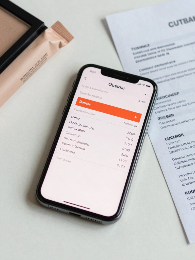 Overhead flat-lay of a smartphone screen showing an order summary with a tax line item highlighted in orange-red, placed on a clean white surface beside a small imported cosmetics package and a customs declaration slip, studio daylight, clinical and documentary, no shadows, close-up product detail