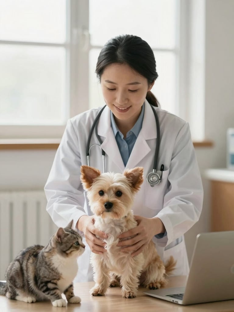 Warm, candid portrait of a veterinarian or pet care expert gently interacting with a small dog and a cat, soft diffused window light, clean home environment, eye-level medium shot, shallow depth of field, natural pet photography.