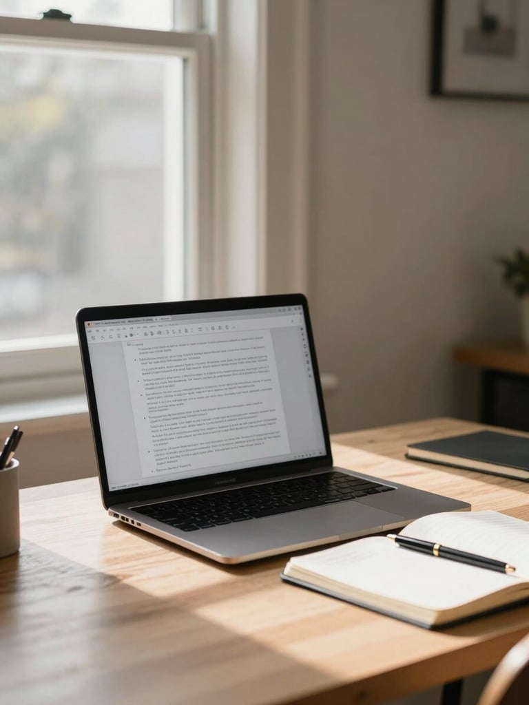 Wide environmental shot of a home workspace — a desk beside a window with morning daylight, an open laptop showing a work-in-progress document, a notebook and pen to one side, natural light falling across the surface, no people visible