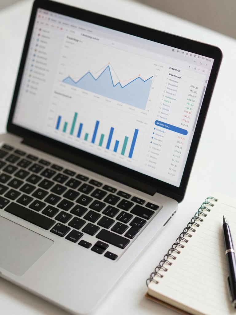 Close-up overhead view of a laptop screen displaying a live analytics dashboard with conversion graphs and traffic data, on a clean desk with a notebook and pen beside it, even studio lighting, no people visible