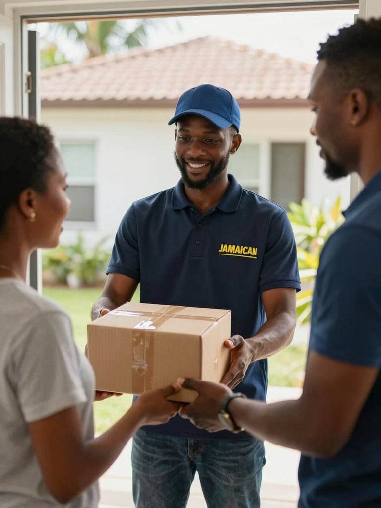 A professional Jamaican delivery driver in a clean branded uniform handing a securely sealed package to a smiling customer at a home doorstep, bright natural daylight.