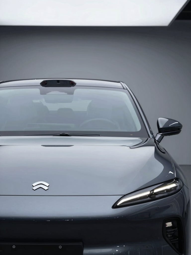 Sleek, isolated silhouette of a premium electric sedan in a dark studio, sharp metallic reflections on the hood, high-contrast overcast lighting.