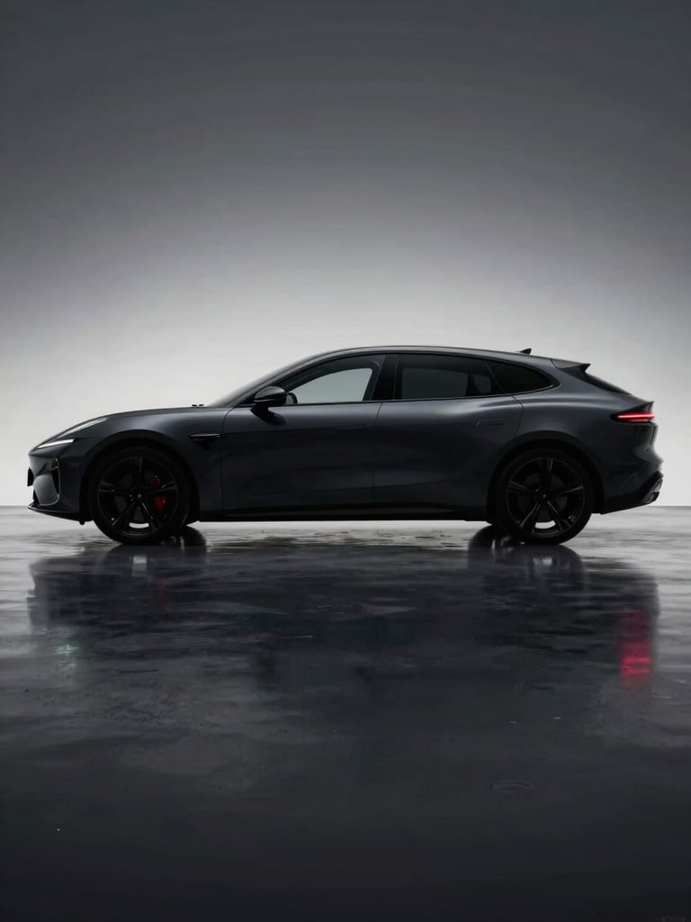 Sleek, isolated luxury vehicle silhouette, high-contrast studio lighting on dark metallic curves, moody reflections, no background distractions.