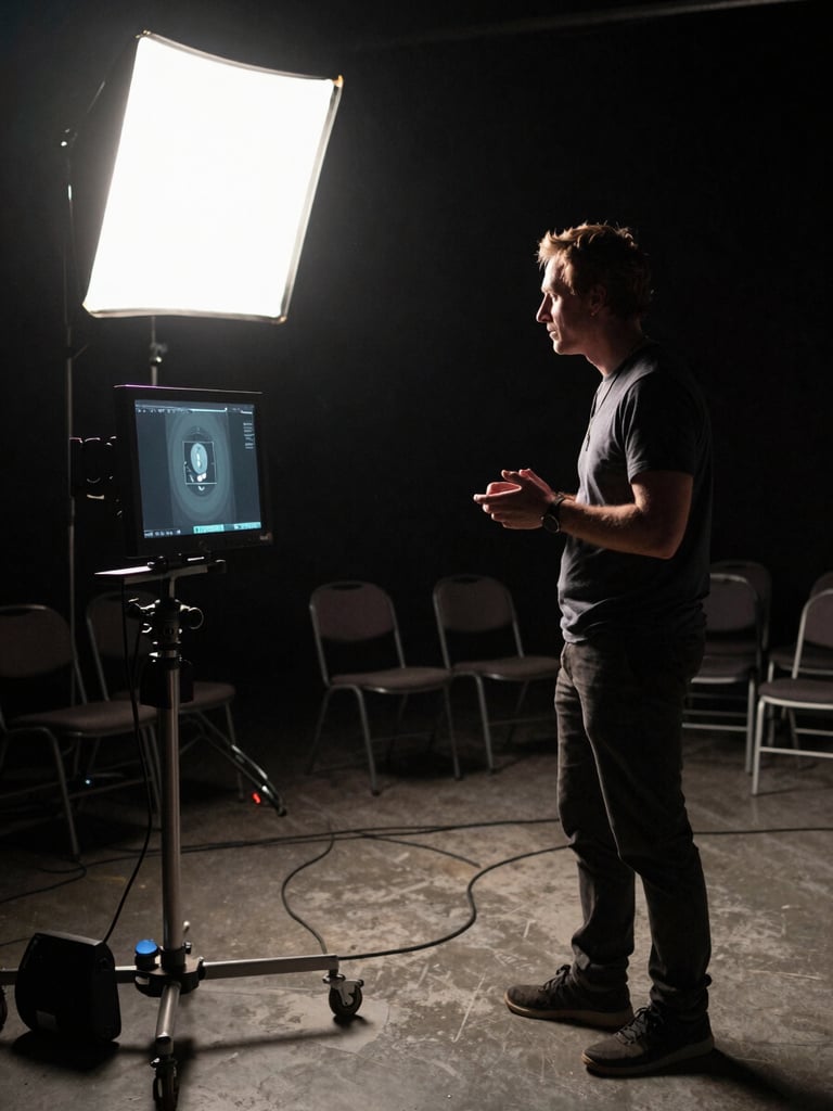 Wide shot of a film director mid-direction on a dark set, standing beside a monitor with a harsh key light cutting across their silhouette from the left, empty chairs and cables visible in the deep background, film grain texture, high contrast