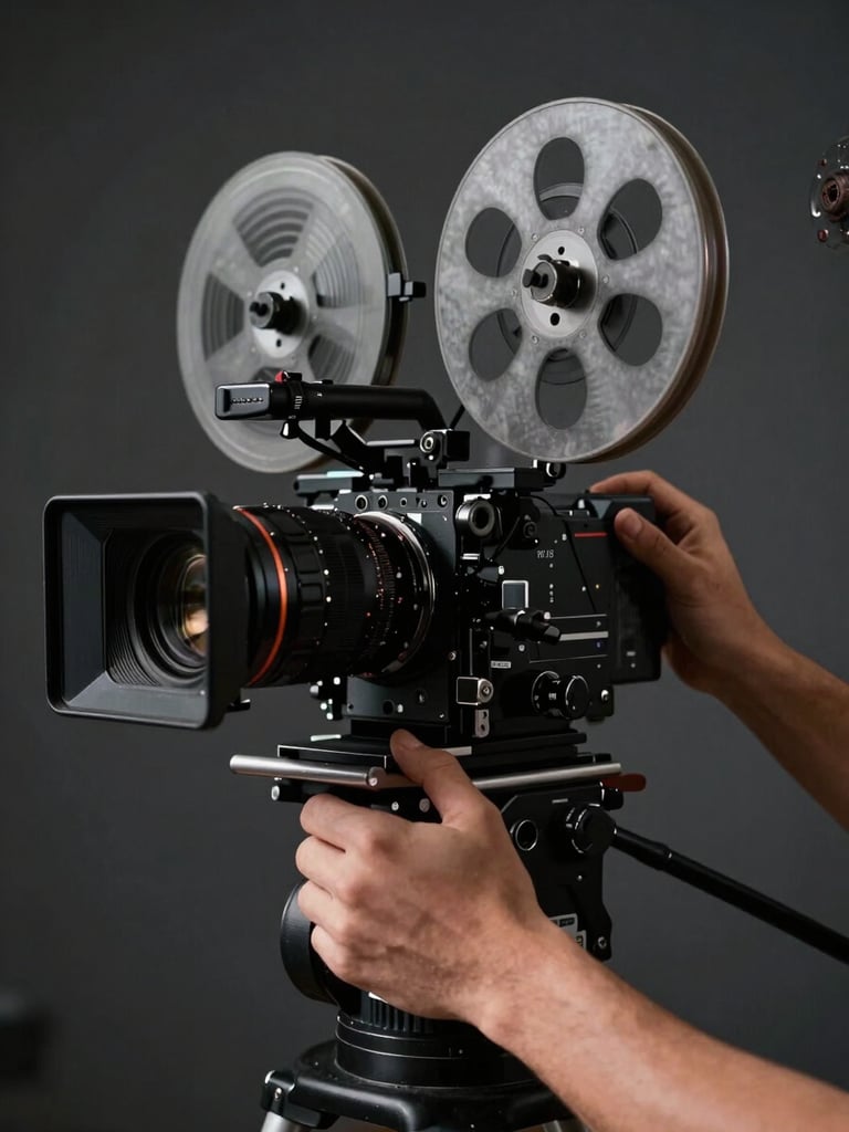 Close-up wide frame of a cinematographer's hands on a film camera rig in a dark studio, dramatic side-lighting casting deep shadows across the lens housing and operator's forearm, film grain visible, charcoal background, no faces