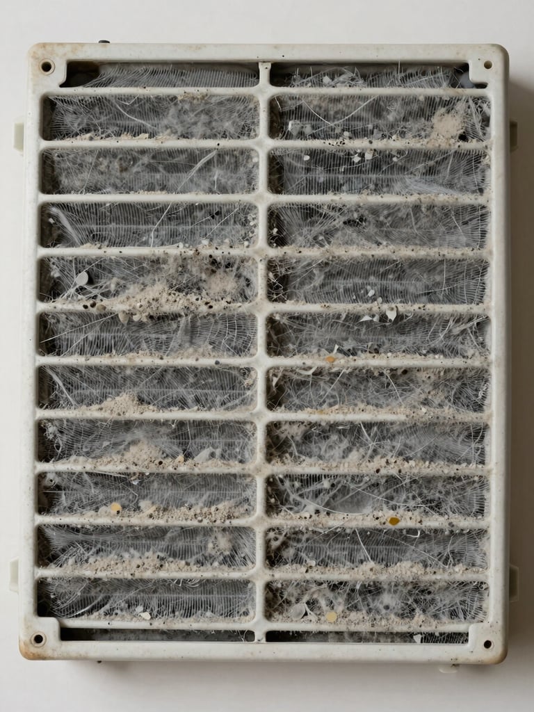 Close-up flat-lay of a heavily fouled air conditioning filter pulled from a residential unit, dust and grey particulate matter matted across the mesh surface, daylight-balanced studio light revealing texture and depth of accumulation, shot directly at the filter face on a neutral off-white surface