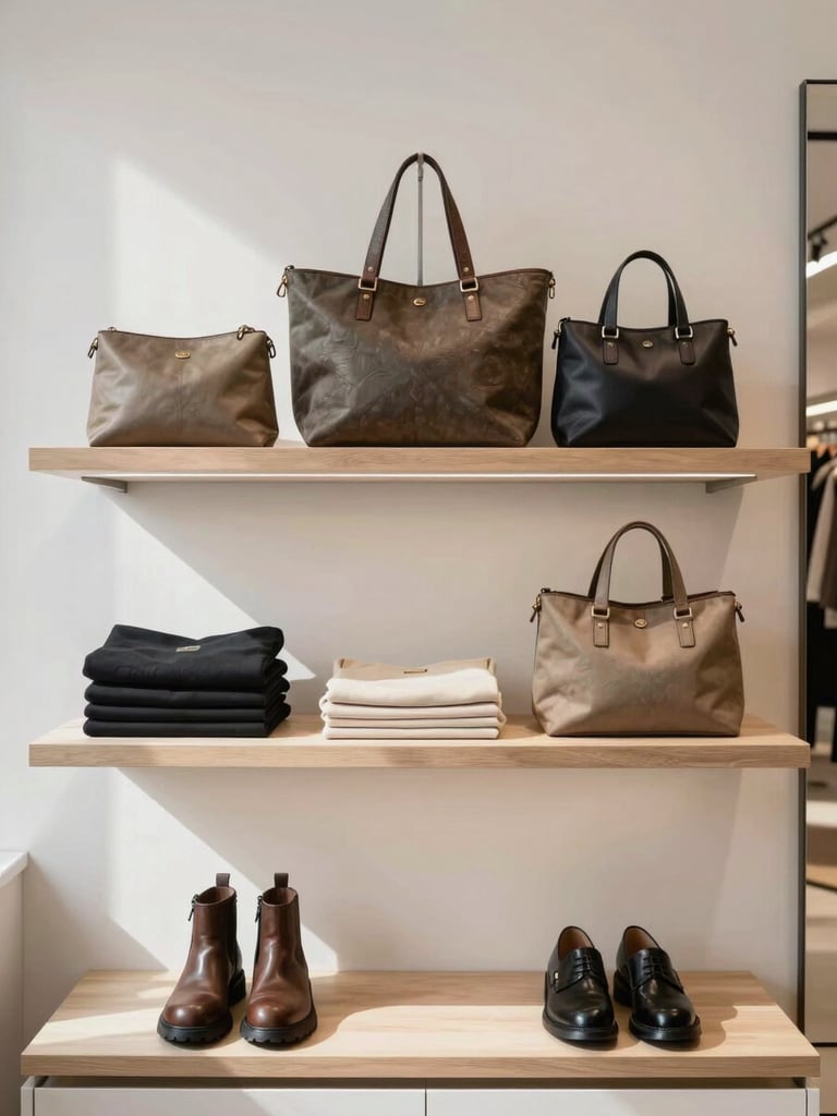 Wide retail-display context shot showing a curated boutique shelf — structured bags on upper shelf, folded accessories below, two pairs of footwear at base level — gallery-white wall behind, even north-facing daylight, no people, products in coordinated neutral palette