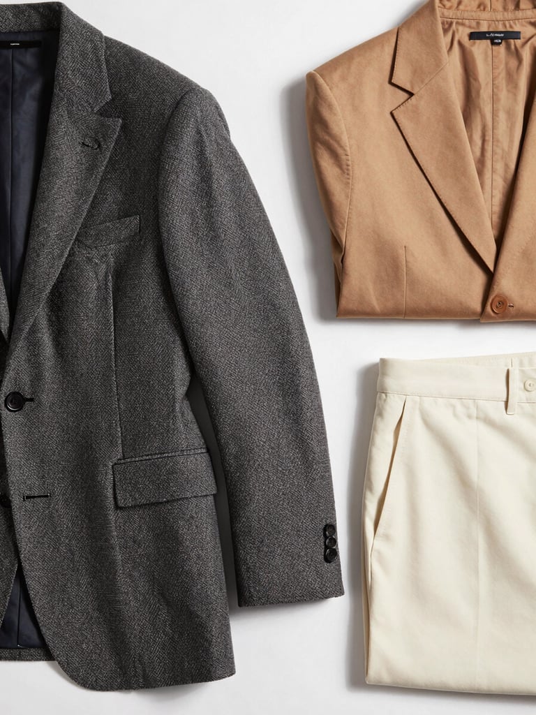 Close overhead flatlay of structured woven blazers and tailored trousers in neutral tones — charcoal, camel, and ivory — arranged on a bright gallery-white surface under controlled studio lighting, seam lines and lapel construction sharply detailed