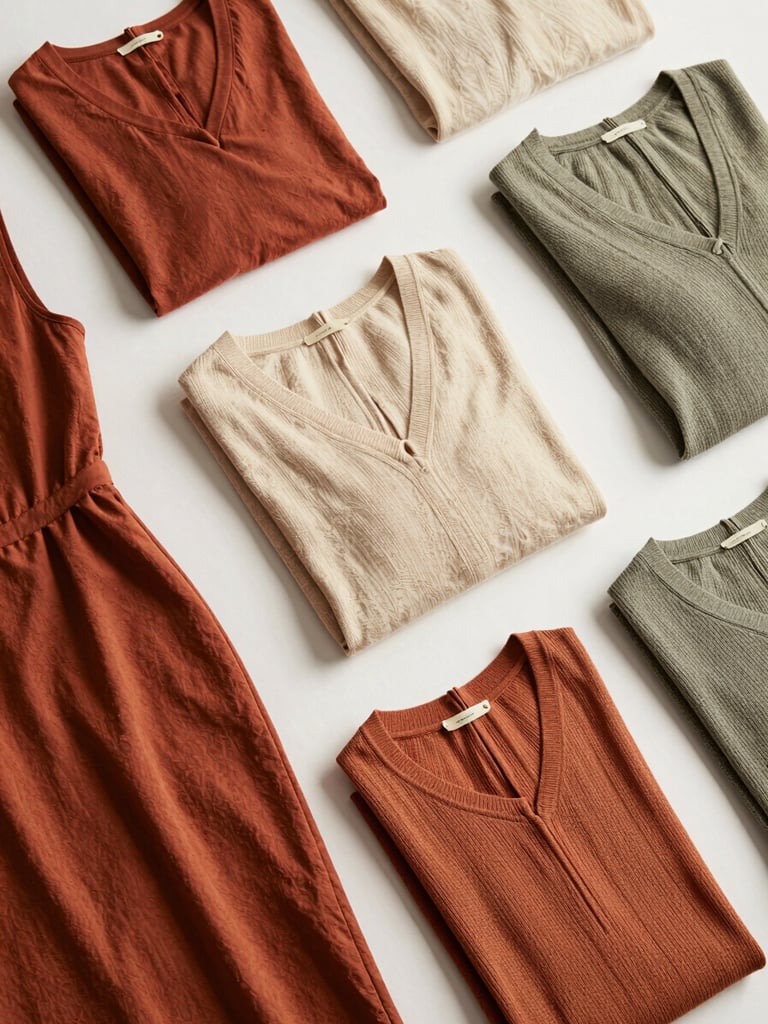 Overhead flatlay of neatly folded midi dresses and ribbed knitwear in warm earth tones — terracotta, warm cream, and sage — on a bright white studio surface, fabric texture and knit construction visible under even daylight-balanced lighting