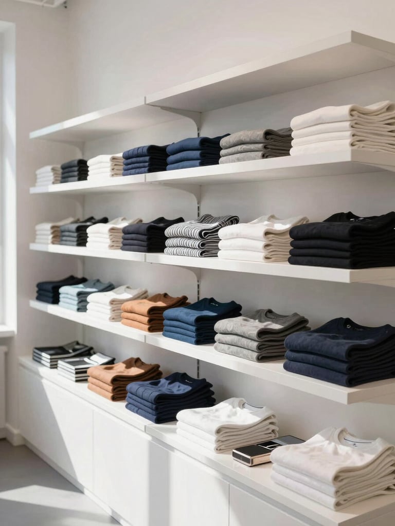 Wide retail display shelf in a gallery-white showroom, product groupings of folded apparel and accessory pieces arranged in curated rows on white shelving, bright north-facing daylight, no people, clean editorial framing from slightly above