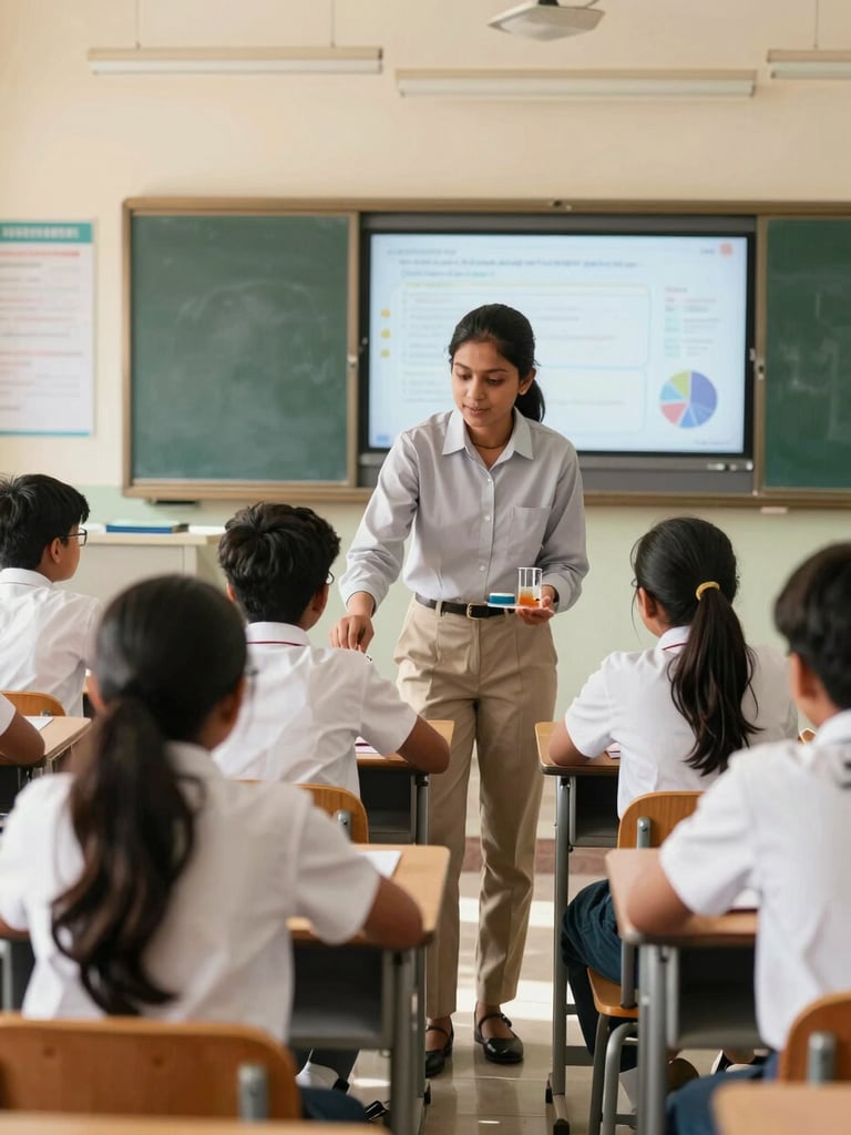 Bright editorial photography of a modern Indian school classroom, a teacher guiding students through a science experiment with smartboard in background, natural daylight, 35mm