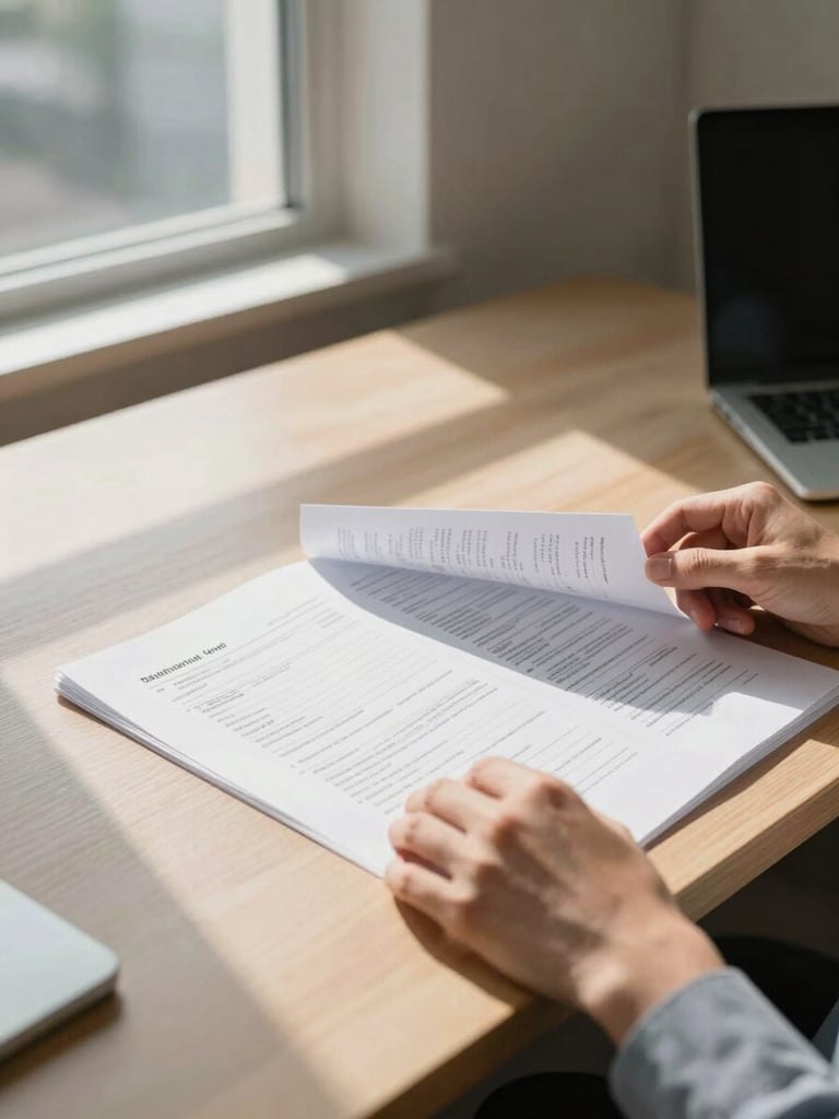 Wide environmental shot of a quiet office desk, a person's hands turning the page of a printed financial plan, natural north-facing daylight streaming through a large window on the left, soft shadows on warm grey paper, airy and deliberate