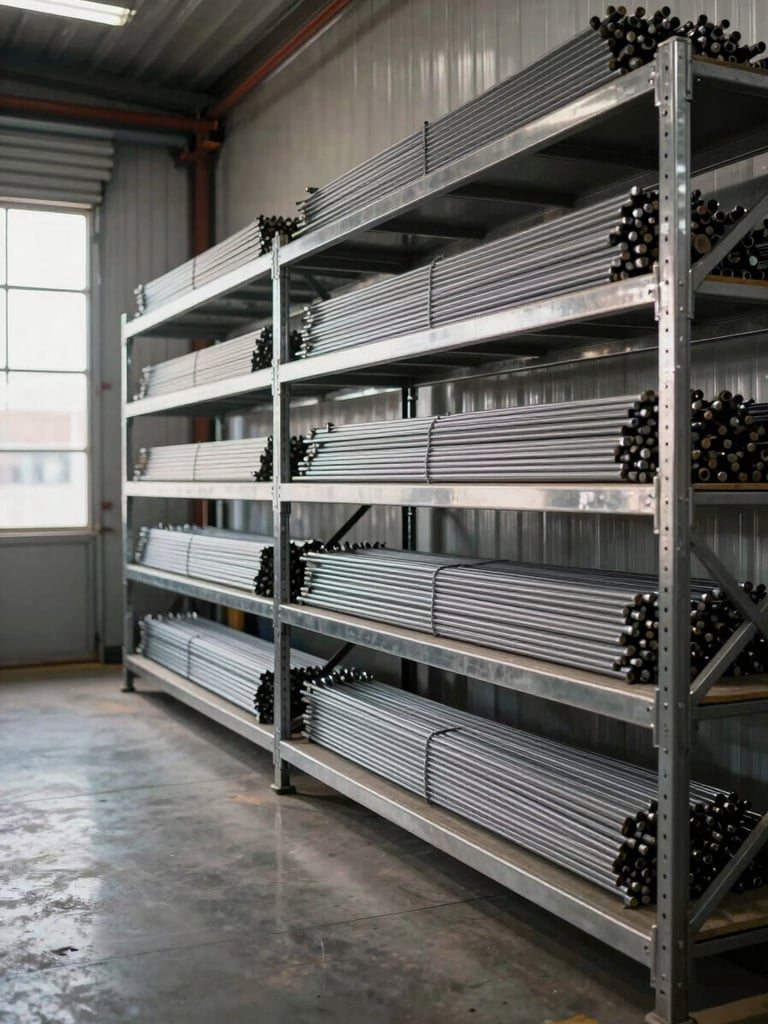 Wide panoramic interior shot of a stainless steel warehouse in Lima, organized shelving rows with bundled steel bars and coils extending to the right edge, cool north-facing window light casting soft shadows, no people, clean industrial floor visible in foreground