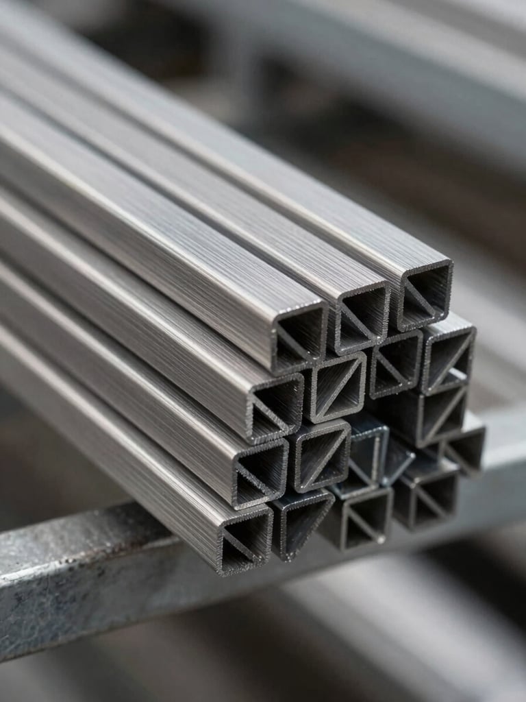 Close-up macro shot of stainless steel bar stock ends arranged in a tight bundle on warehouse shelving, cool studio lighting revealing brushed surface finish and precise cross-section geometry, no people, shallow depth of field