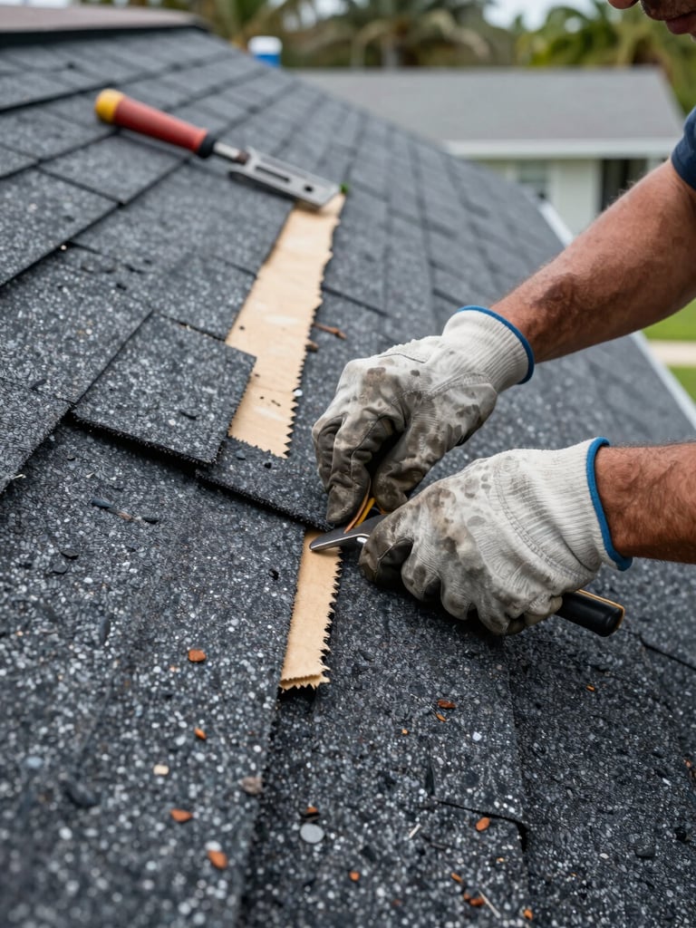 Close-up mid-repair shot of a roofer's gloved hands nailing down asphalt shingles on a Florida residential roof, natural daylight, worn tools visible, actual work in progress with a partially stripped section showing underlayment, documentary framing