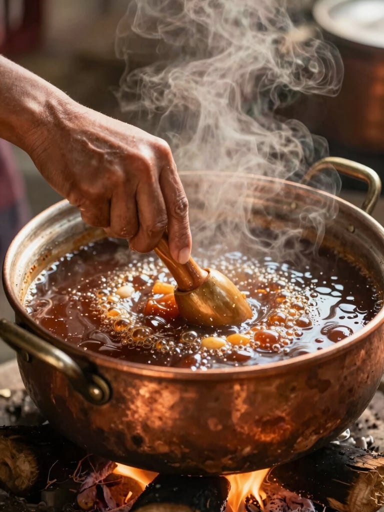 Close-up of weathered hands stirring a bubbling dark molasses taiada in a large copper pot over an open wood fire, warm steam rising, natural lighting, rustic kitchen.
