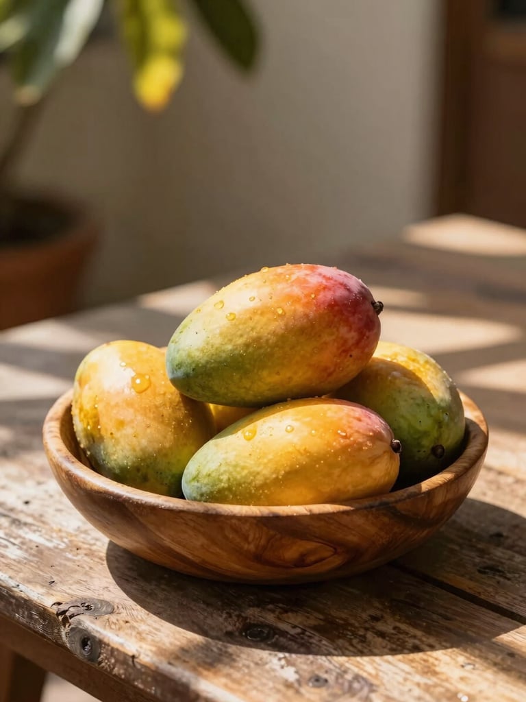 A rustic wooden bowl filled with ripe, colorful mangoes on a weathered outdoor table, dappled sunlight filtering through leaves, warm and inviting atmosphere.