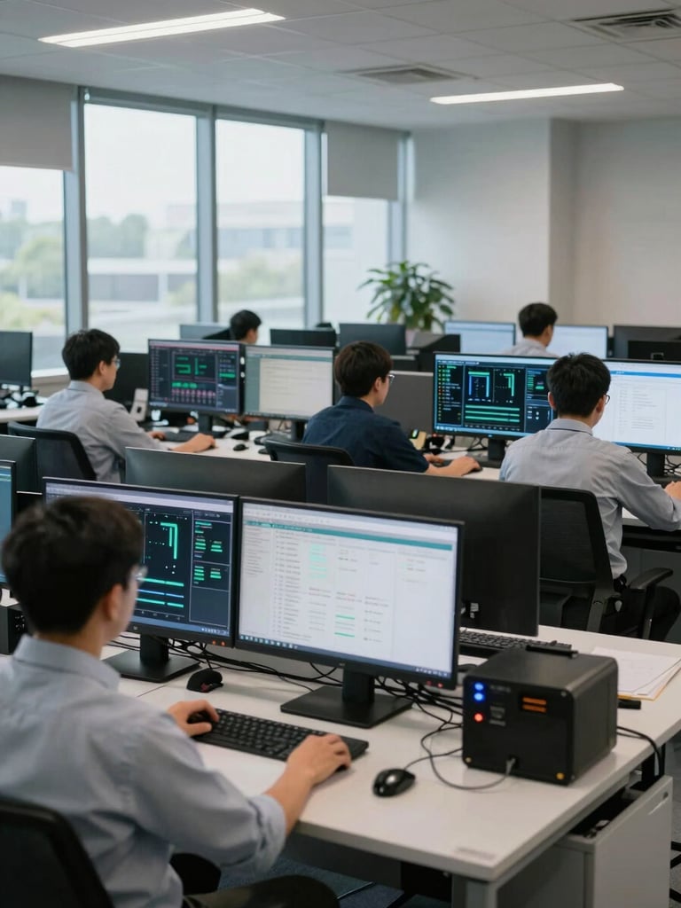 Wide shot of a network operations room, engineers at standing desks monitoring multiple screens showing infrastructure dashboards, north-facing daylight through windows, functional and orderly environment, no smiling poses